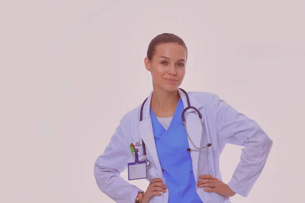 Beyaz Önlüklü Güzel Bir Kadın Ele Poz Veriyor Kadın Doktor — Stok fotoğraf
