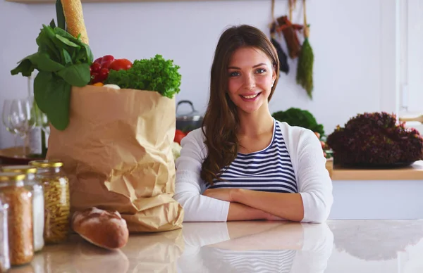 Young Woman Holding Grocery Shopping Bag Vegetables Standing Kitchen Young — Stock Photo, Image