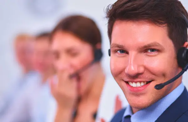 Attractive Positive Young Businesspeople Colleagues Call Center Office — Stock Photo, Image