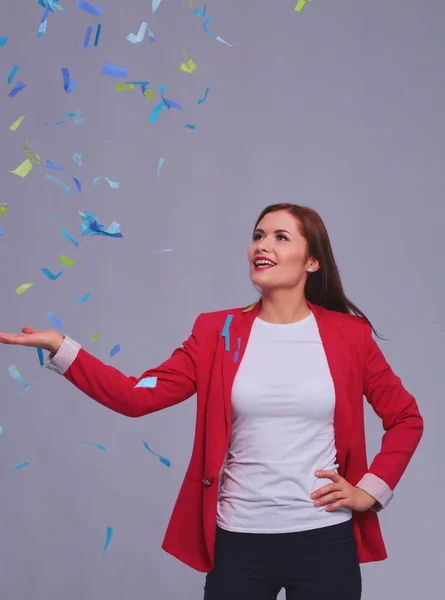 Mooie Gelukkige Vrouw Feest Feestje Met Confetti Verjaardag Nieuwe Jaar — Stockfoto