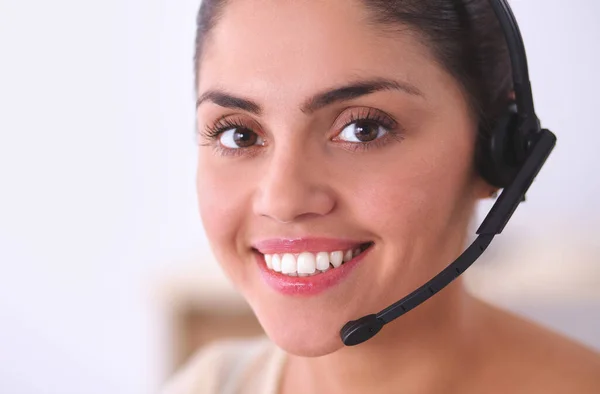 Portrait Beautiful Business Woman Working Her Desk Headset Laptop — Stock Photo, Image