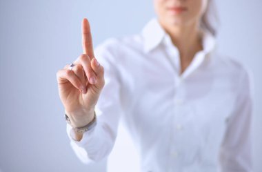 Kadın elini tut beyaz izole sanal kartvizit.