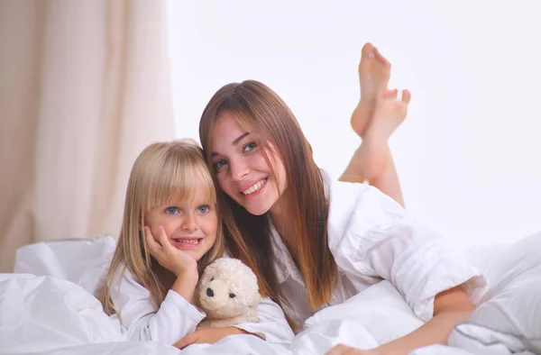 Woman Young Girl Lying Bed Smiling — Stock Photo, Image