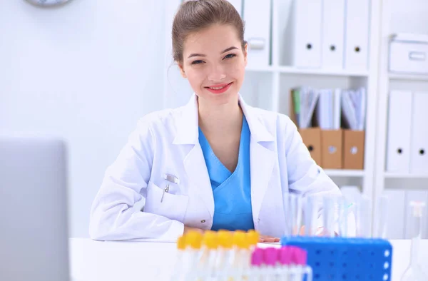 Woman Researcher Surrounded Medical Vials Flasks Isolated White — Stock Photo, Image