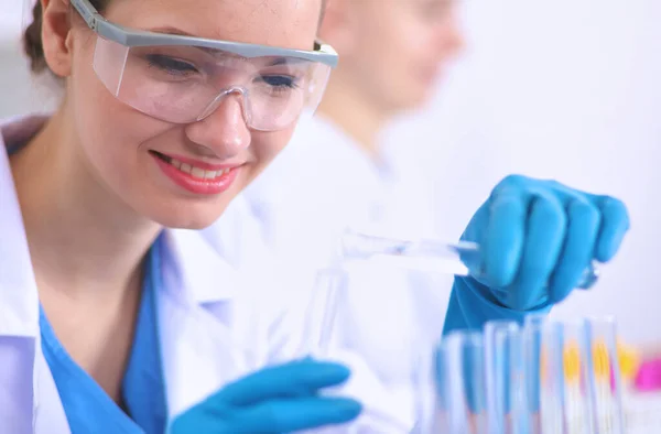 Woman Researcher Surrounded Medical Vials Flasks Isolated White — Stock Photo, Image