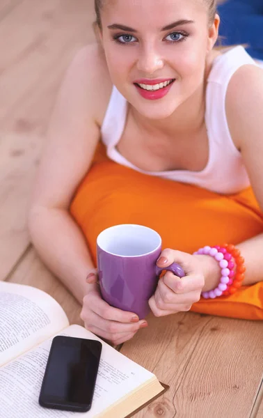 Smiling Young Woman Lying White Floor Pillow — Stock Photo, Image