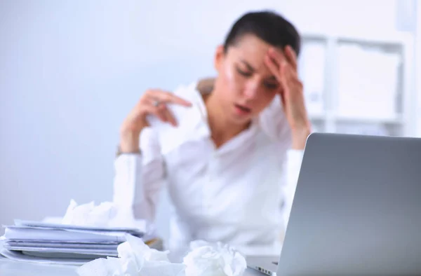 Portrait Tired Young Business Woman Laptop Computer — Stock Photo, Image