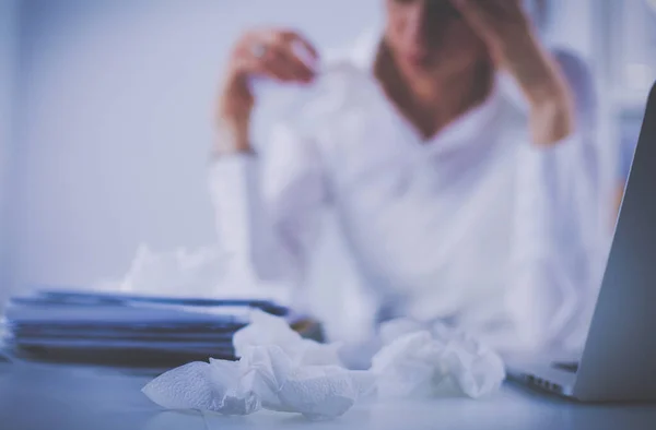 Stressed Businesswoman Sitting Desk Isolated White — Stock Photo, Image