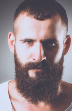 Ayakta, gri arka plan üzerinde izole yakışıklı adam portresi.