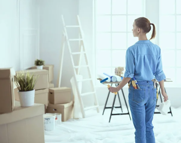 Happy Woman Paints Wall Roller Home — Stock Photo, Image