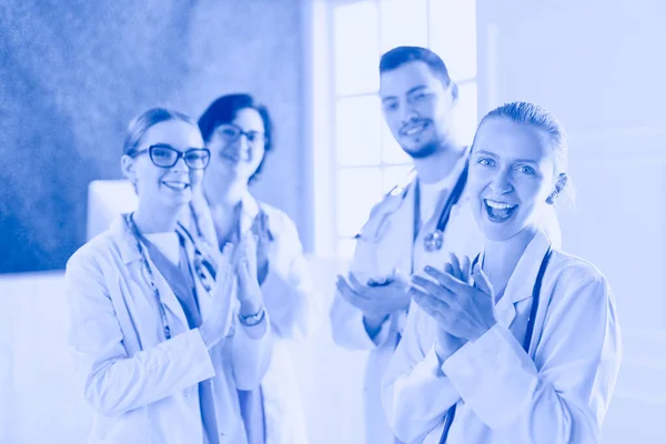 Happy Medical Team Comprising Male Female Doctors Smiling Broadly Giving — 스톡 사진