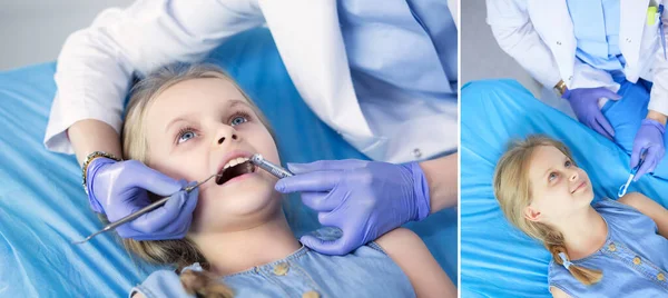 Маленька Дівчинка Сидить Стоматологічному Кабінеті — стокове фото