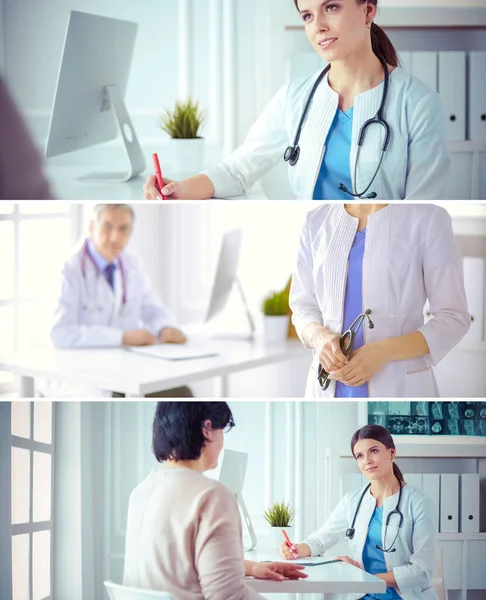 Médico Sonriente Usando Portátil Trabajando Con Sus Colegas Una Habitación — Foto de Stock