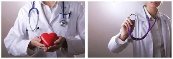 Ärztin Mit Stethoskop Das Herz Hält Auf Dunklem Hintergrund — Stockfoto