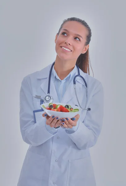 Portrait Beautiful Woman Doctor Holding Plate Fresh Vegetables Woman Doctors — Stock Photo, Image