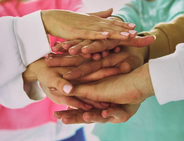 People Joining Hands Young Women Standing Together — Stock Photo, Image