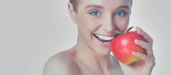 Portrait Happy Smiling Young Beautiful Woman Eating Red Apple Gray — Stock Photo, Image