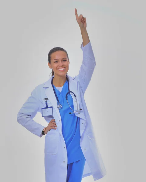 Mulher Bonita Casaco Branco Posando Com Mão Bolso Mulher Médica — Fotografia de Stock