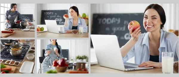 Woman Apple Laptop Sitting Kitchen — Stock Photo, Image