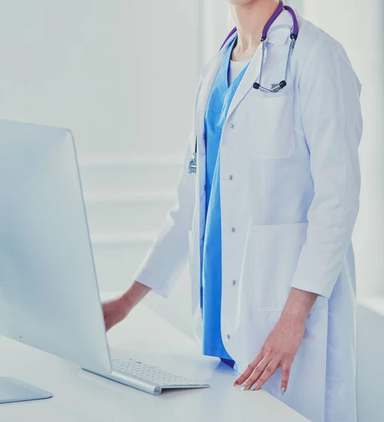 Young Doctor Woman Standing Table Isolated White Backgrou — Stock Photo, Image