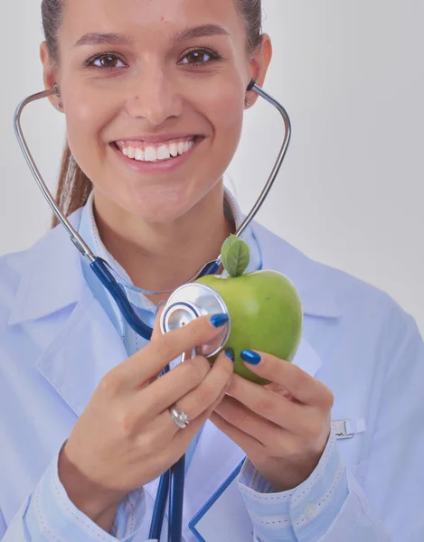 Medical Doctor Woman Examining Apple Stethoscope Woman Doctors — Stock Photo, Image