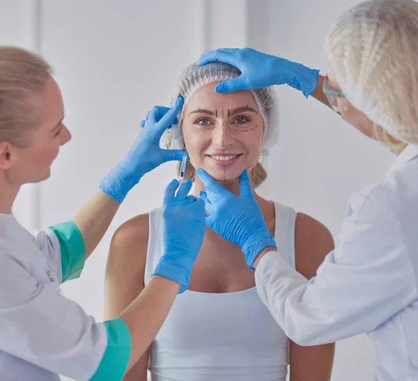 Beautiful Woman Face Doctor Syringe — Stock Photo, Image