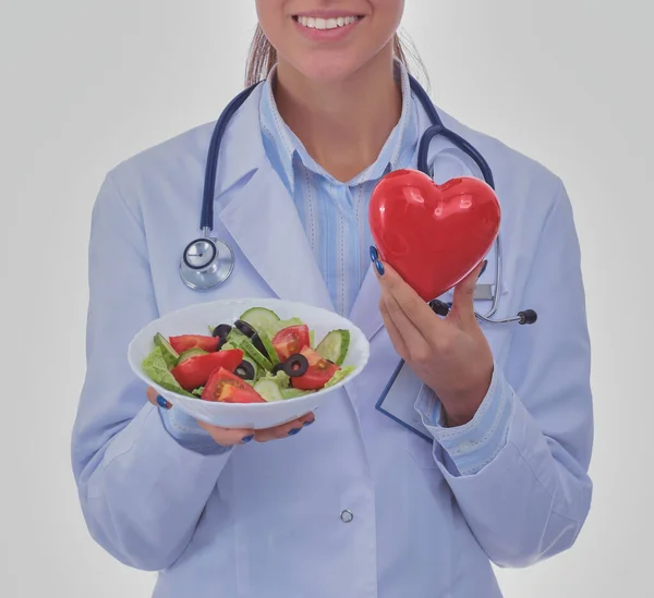 Portrait Beautiful Woman Doctor Holding Plate Fresh Vegetables Red Heart — Stock Photo, Image