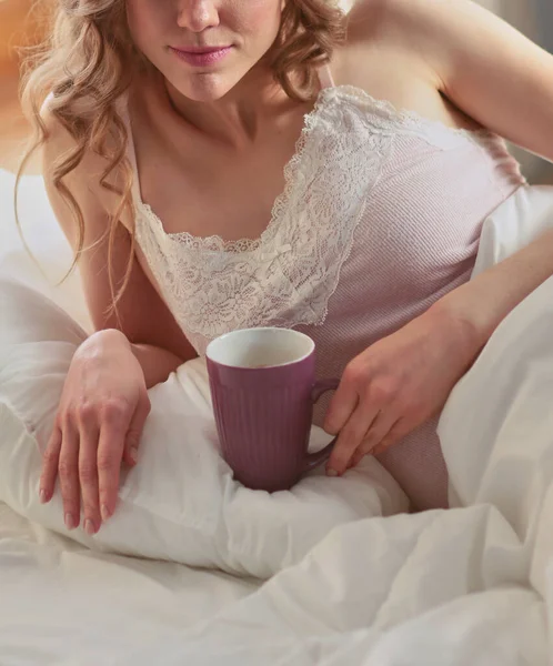 Young Woman Drinking Cup Coffee Tea While Lying Bed — Stock Photo, Image