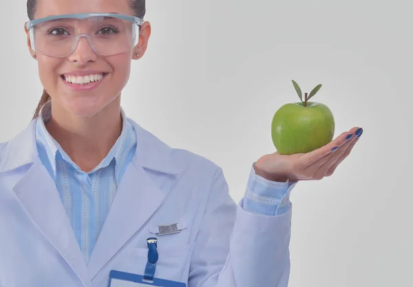Mosolygó Doktornő Egy Zöld Almával Női Orvos — Stock Fotó