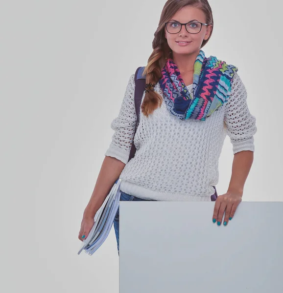 Beautiful Student Woman Pointing Blank Board Student — Stock Photo, Image