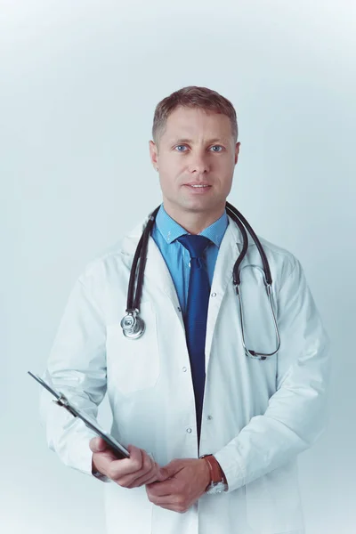 Male Doctor Standing Folder Isolated White Background — Stock Photo, Image