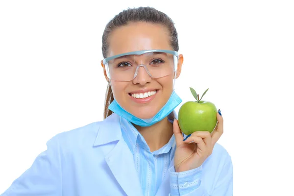 Mulher Sorridente Médico Com Uma Maçã Verde — Fotografia de Stock