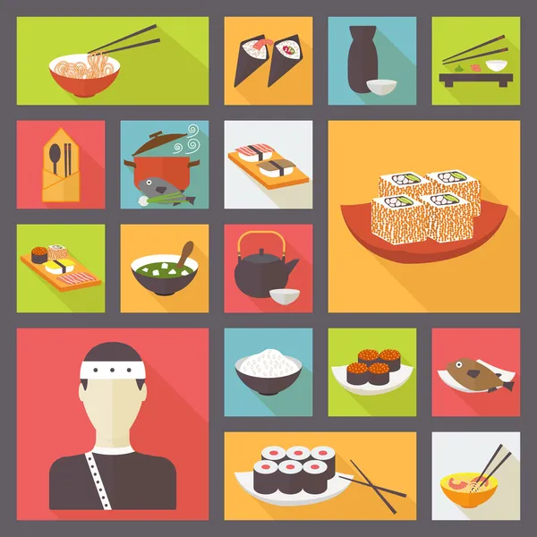 Japanese cuisine, food icons set, flat design vector — Stock Vector