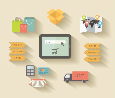 internet alışveriş, e-ticaret kavramı. uzun gölgeler ile Icons set.