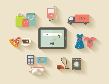 Internet shopping, e-commerce concept. Icons set with long shadows.