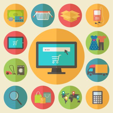 internet alışveriş, e-ticaret kavramı. düz tasarım simgeler kümesi.
