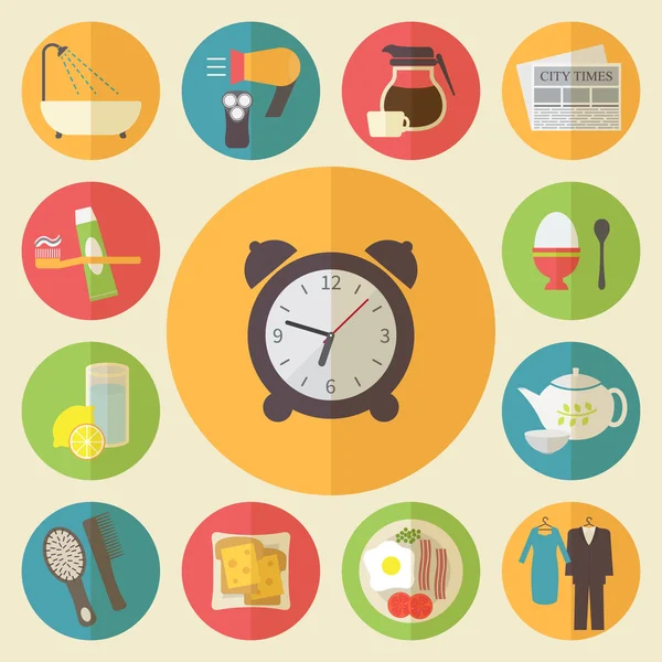 Morning time, morning occupation icons set. Flat design vector. — Stock Vector