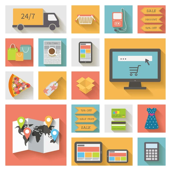 internet alışveriş, e-ticaret kavramı. uzun gölgeler ile Icons set.