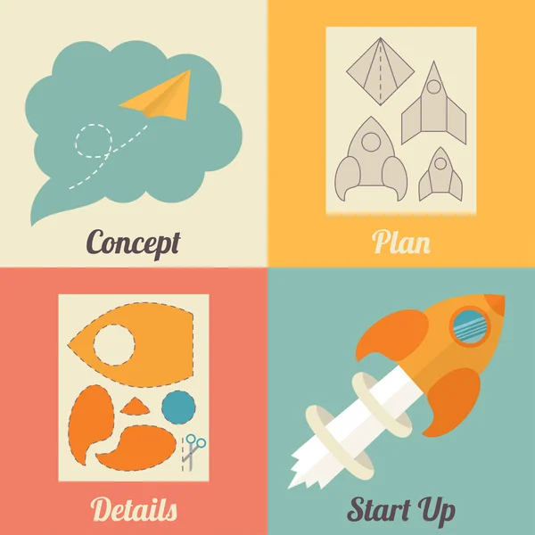 Conjunto de iconos de start up para nuevos negocios, ideas, innovación y desarrollo. Avión cohete y papel. Diseño plano vector ilustración — Archivo Imágenes Vectoriales