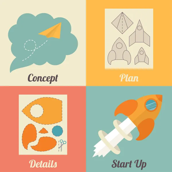 Conjunto de iconos de start up para nuevos negocios, ideas, innovación y desarrollo. Avión cohete y papel. Diseño plano vector ilustración — Archivo Imágenes Vectoriales