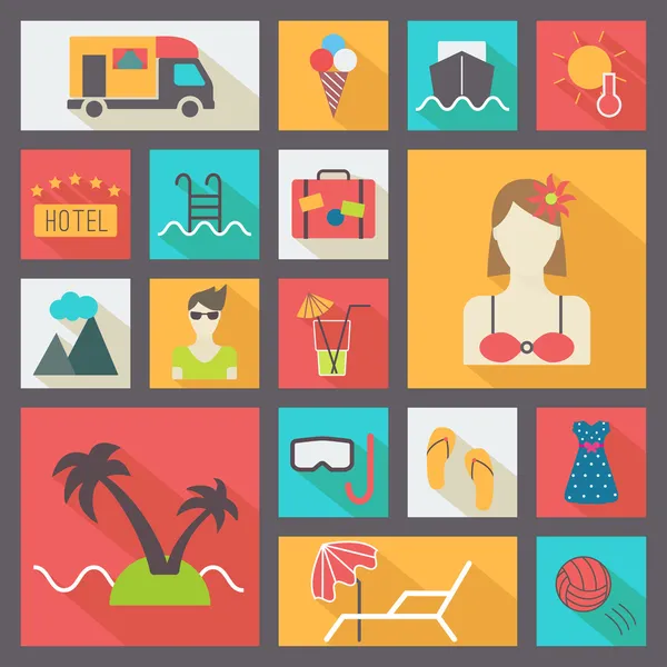 Summer and vacation icons set, flat design vector. — Stock Vector