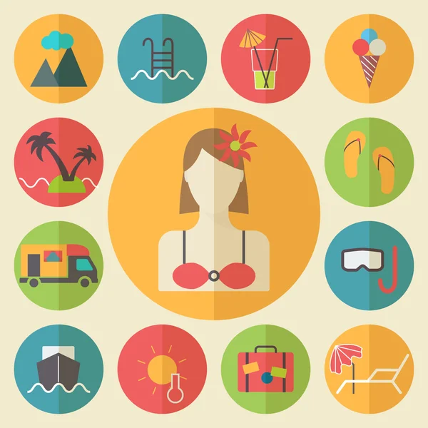 Summer and vacation icons set, flat design vector. — Stock Vector