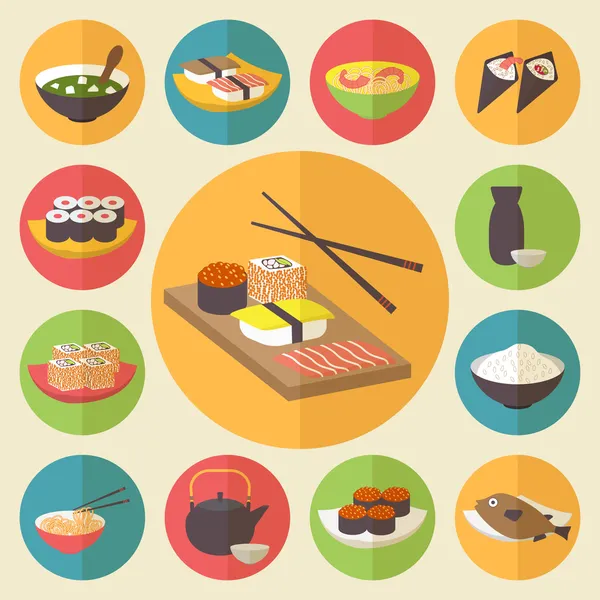 Sushi, Japanese cuisine, food icons set, flat design vector. — Stock Vector