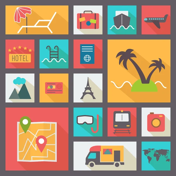 Travel and vacation icons set, flat design vector. — Stock Vector