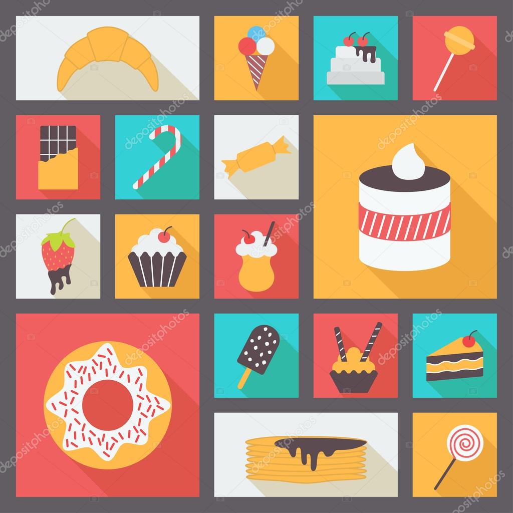 Set of various sweets for restaurant and menu. Flat design vector icons.
