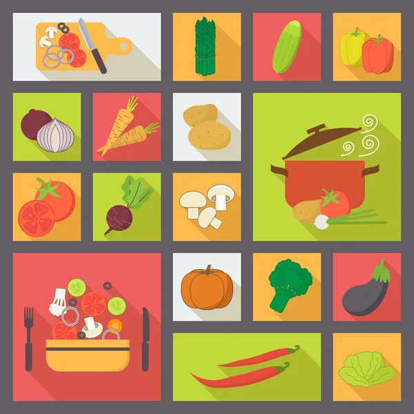 Iconos de vectores vegetales, juego de alimentos para cocinar, restaurante, menú, verduras y comida vegetariana. Diseño plano vector . — Vector de stock