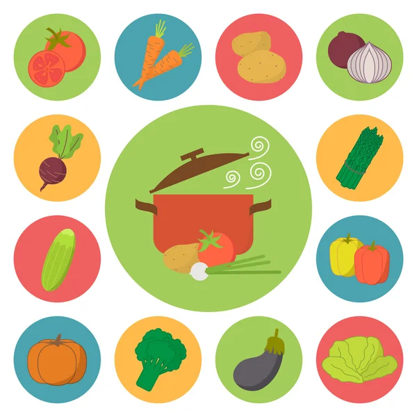 Iconos de vectores vegetales, juego de alimentos para cocinar, restaurante, menú, verduras y comida vegetariana. Diseño plano vector . — Vector de stock