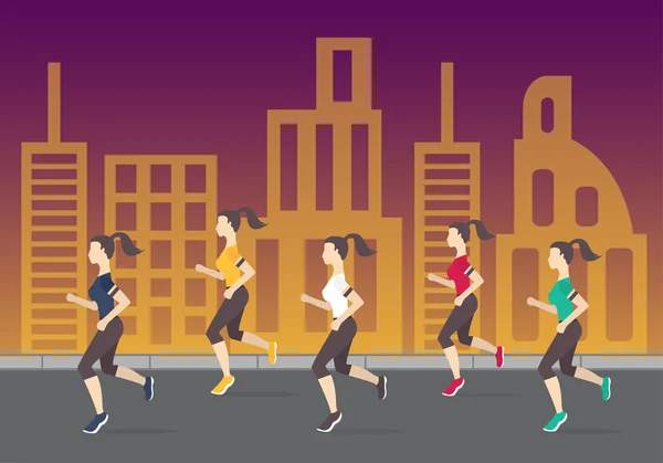 Correr silhuetas de pessoas. Mulheres a correr na rua da cidade. Boa noite a correr. Ilustração vetorial — Vetor de Stock
