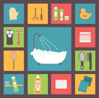 banyo malzemeleri, hijyen Aksesuar, kozmetik, saç bakımı vb. düz tasarım vektör simgeler kümesi.