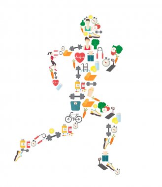Running man silhouette filled with sport icons. Vector illustration on white background.
